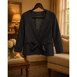 Theory Black Blazer Belted Sash Jacket 3/4 Sleeve Lined Size 6 Quiet Luxury Chic